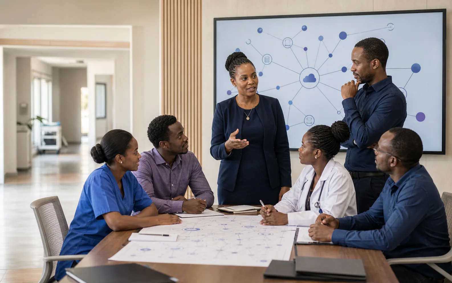 Illustrative generated scene of African health and technology leaders planning a national health exchange